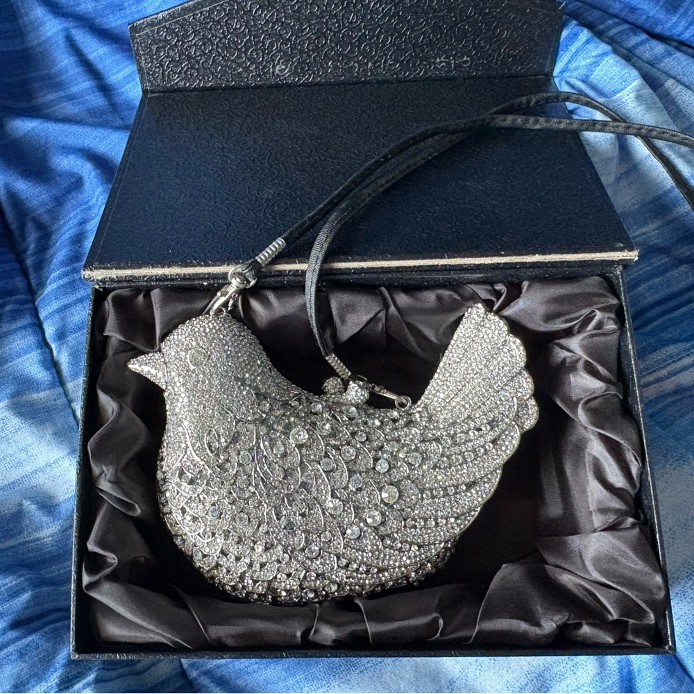 Silver Rhinestone Bird-Shaped Clutch